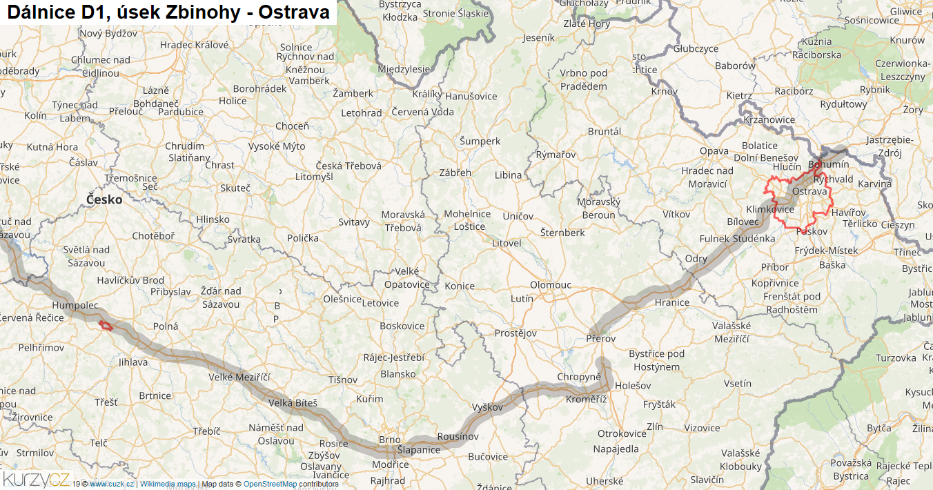 Úsek Zbinohy - Ostrava, Dálnice D1 - Mapa
