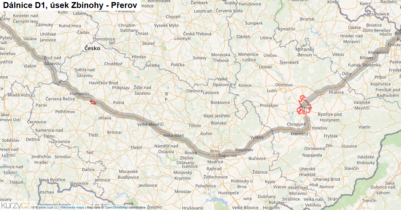 Úsek Zbinohy - Přerov, Dálnice D1 - Mapa