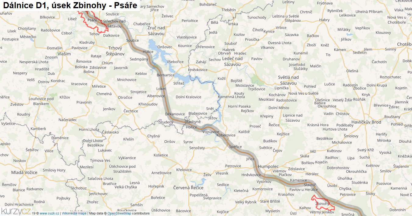 Úsek Zbinohy - Psáře, Dálnice D1 - Mapa