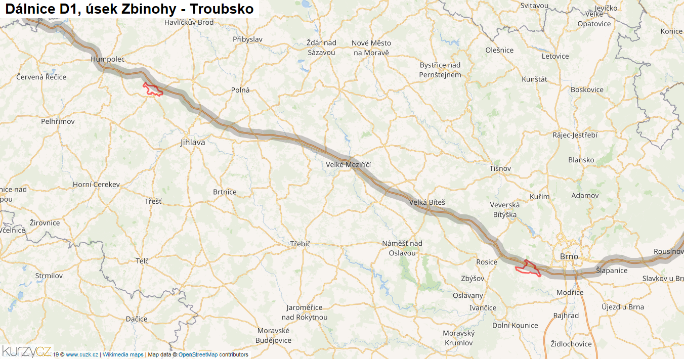 Úsek Zbinohy - Troubsko, Dálnice D1 - Mapa