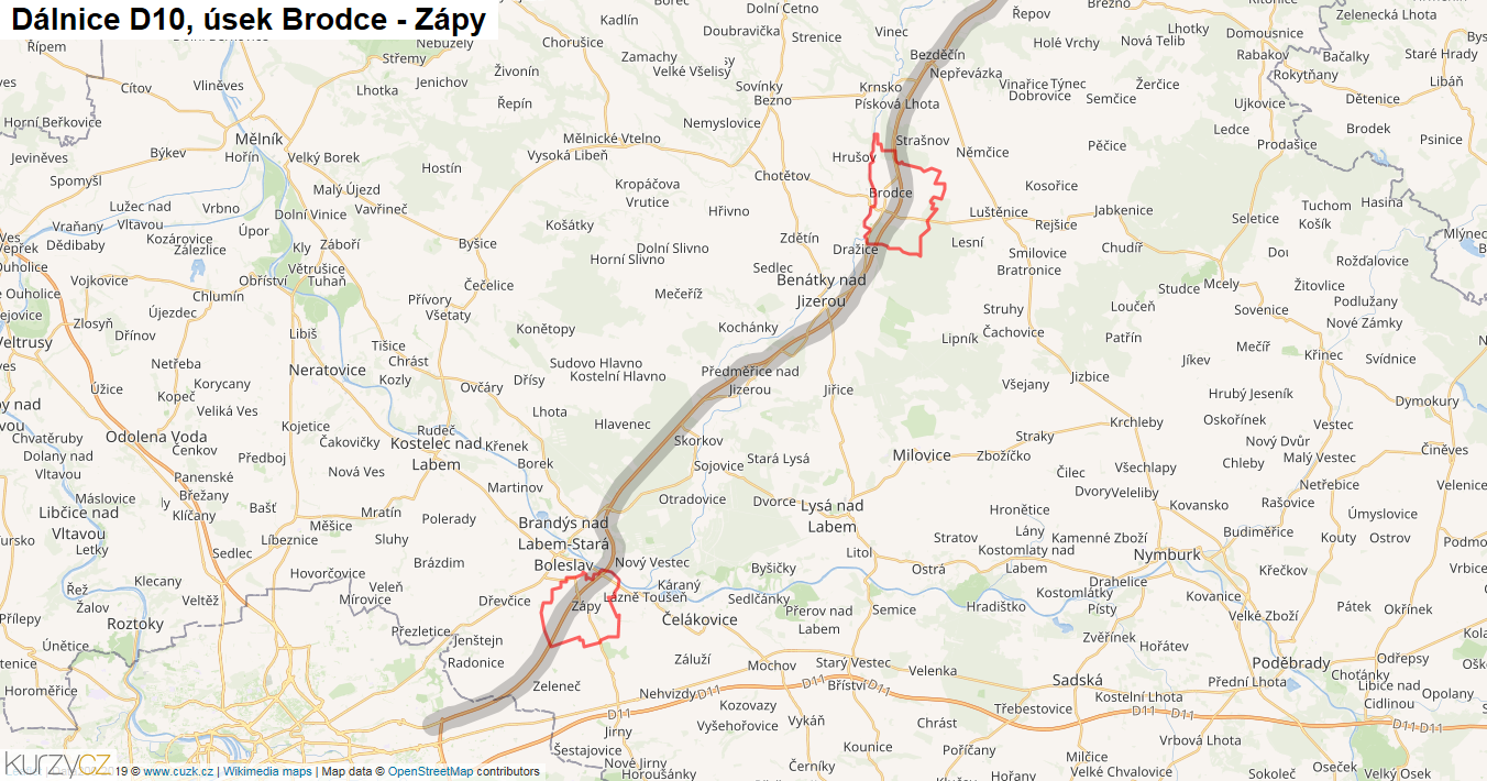 Úsek Brodce - Zápy, Dálnice D10 - Mapa