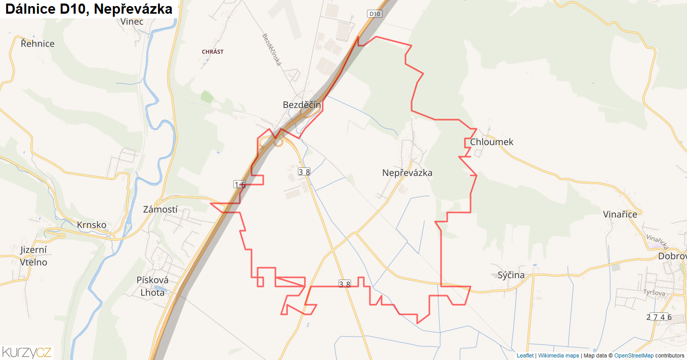 Nepřevázka, Dálnice D10 - Mapa