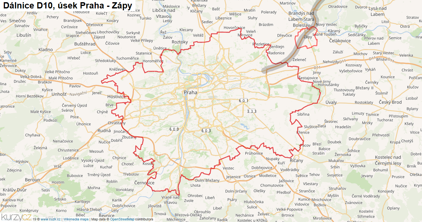 Úsek Praha - Zápy, Dálnice D10 - Mapa