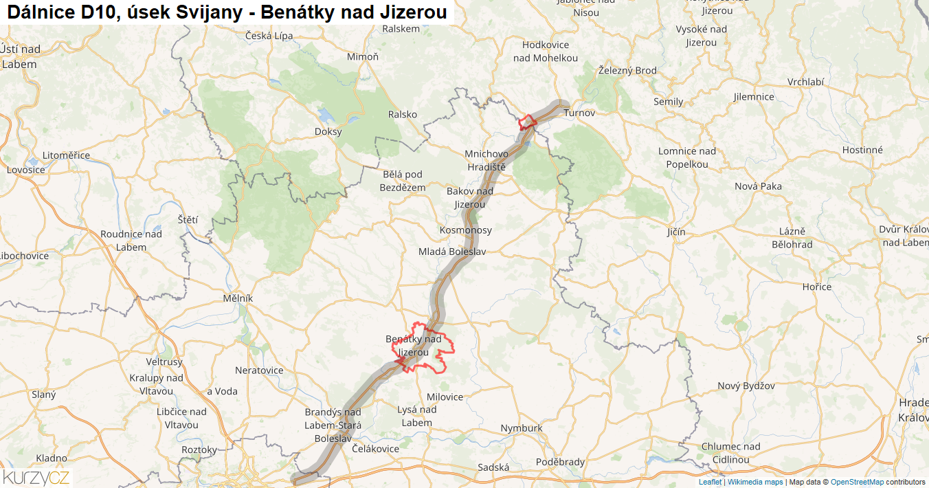 Úsek Svijany - Benátky nad Jizerou, Dálnice D10 - Mapa