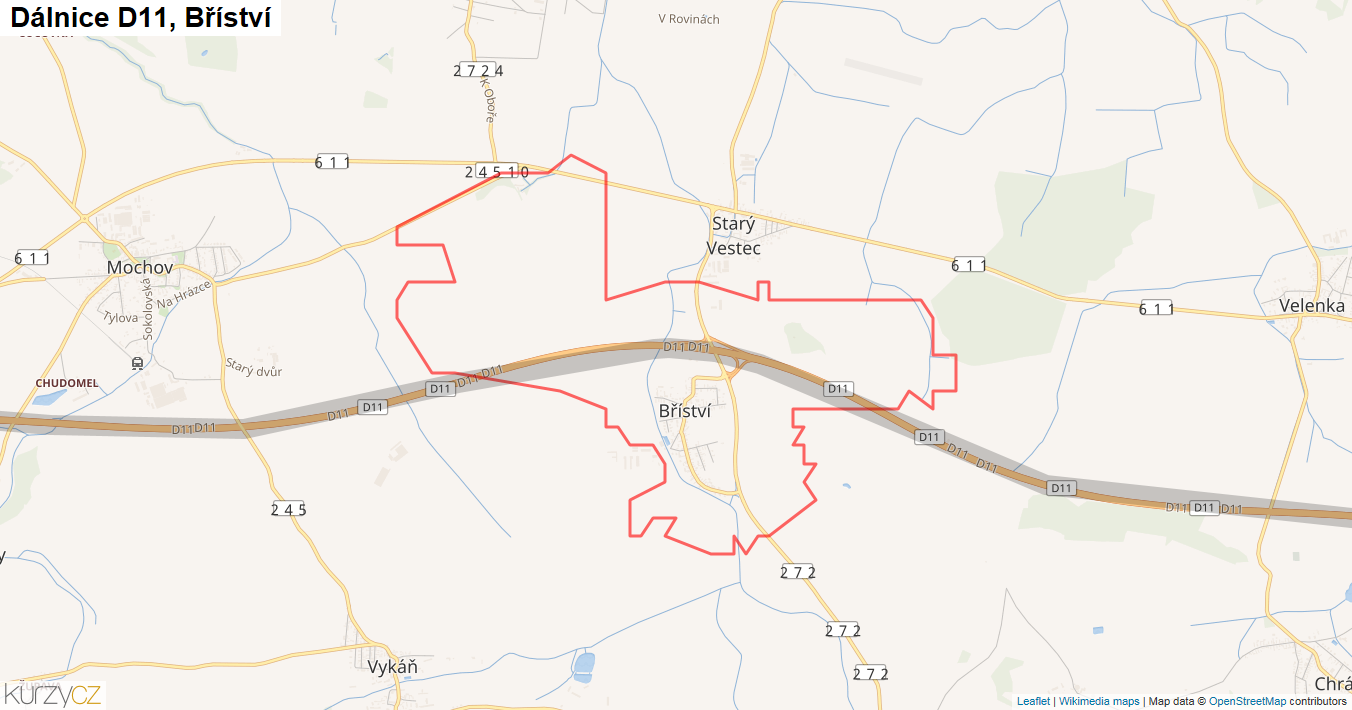 Bříství, Dálnice D11 - Mapa