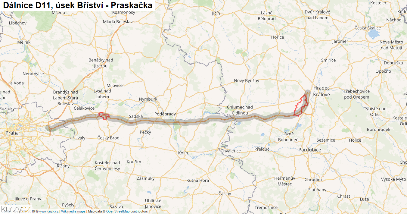 Úsek Bříství - Praskačka, Dálnice D11 - Mapa