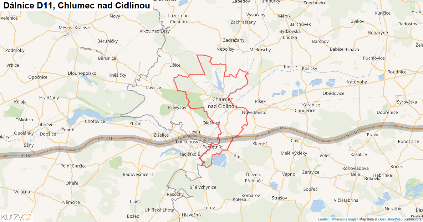 Chlumec nad Cidlinou, Dálnice D11 - Mapa