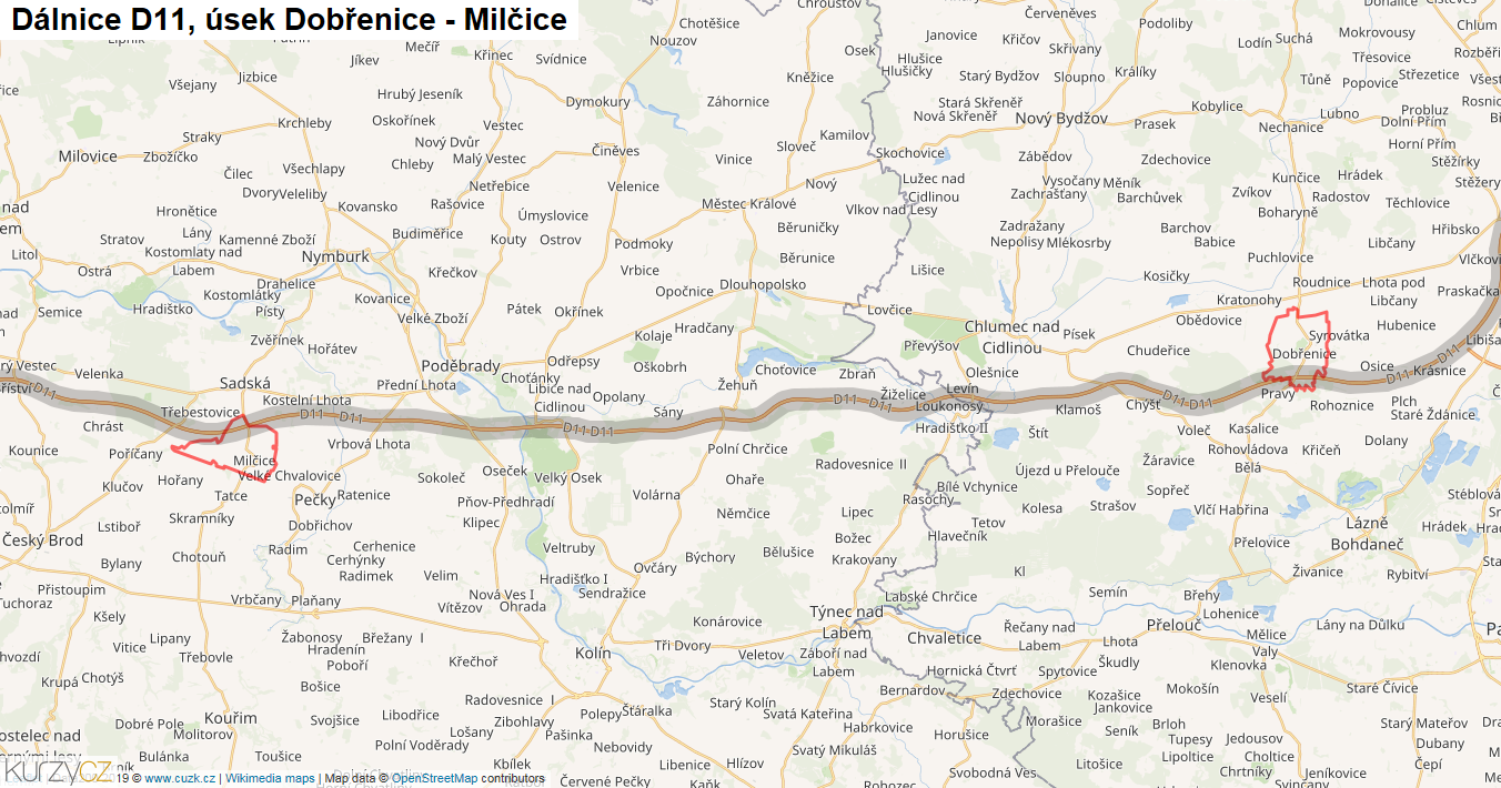 Úsek Dobřenice - Milčice, Dálnice D11 - Mapa