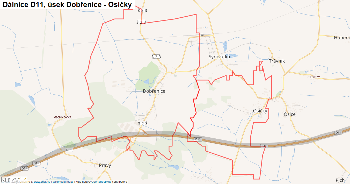 Úsek Dobřenice - Osičky, Dálnice D11 - Mapa