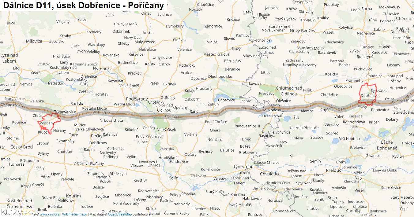 Úsek Dobřenice - Poříčany, Dálnice D11 - Mapa