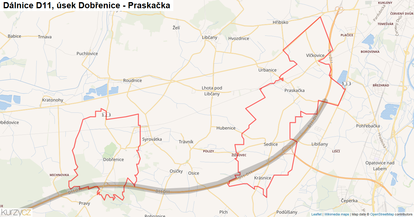 Úsek Dobřenice - Praskačka, Dálnice D11 - Mapa