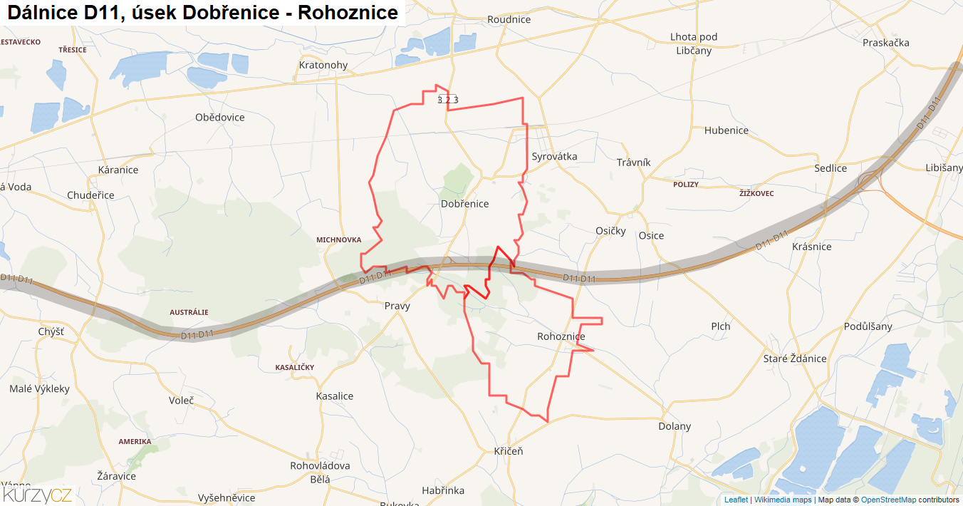Úsek Dobřenice - Rohoznice, Dálnice D11 - Mapa
