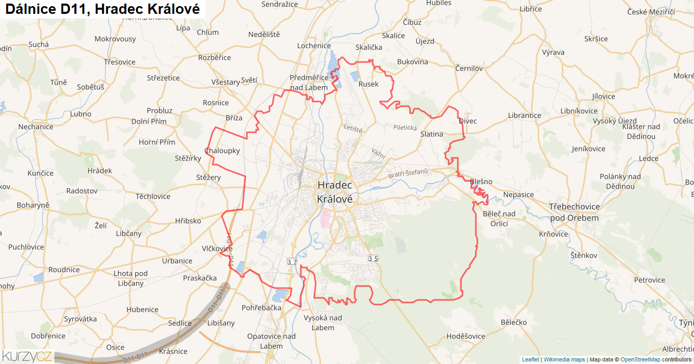 Hradec Králové, Dálnice D11 - Mapa
