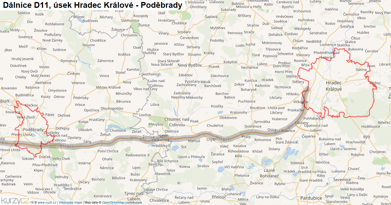 Úsek Hradec Králové - Poděbrady, Dálnice D11 - Mapa