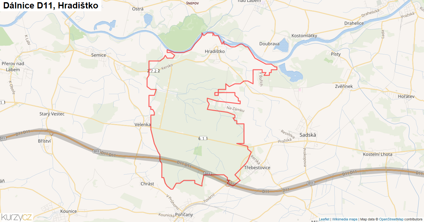 Hradištko, Dálnice D11 - Mapa