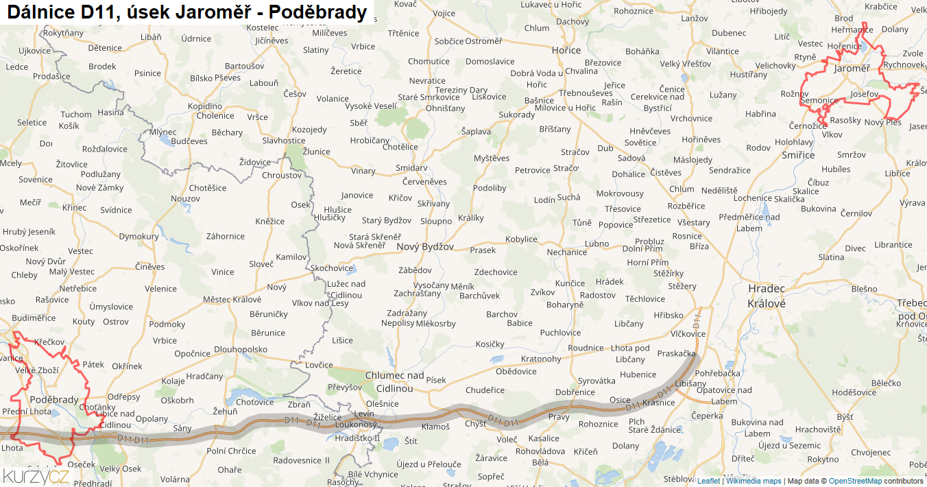 Úsek Jaroměř - Poděbrady, Dálnice D11 - Mapa