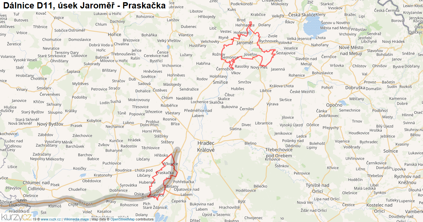 Úsek Jaroměř - Praskačka, Dálnice D11 - Mapa