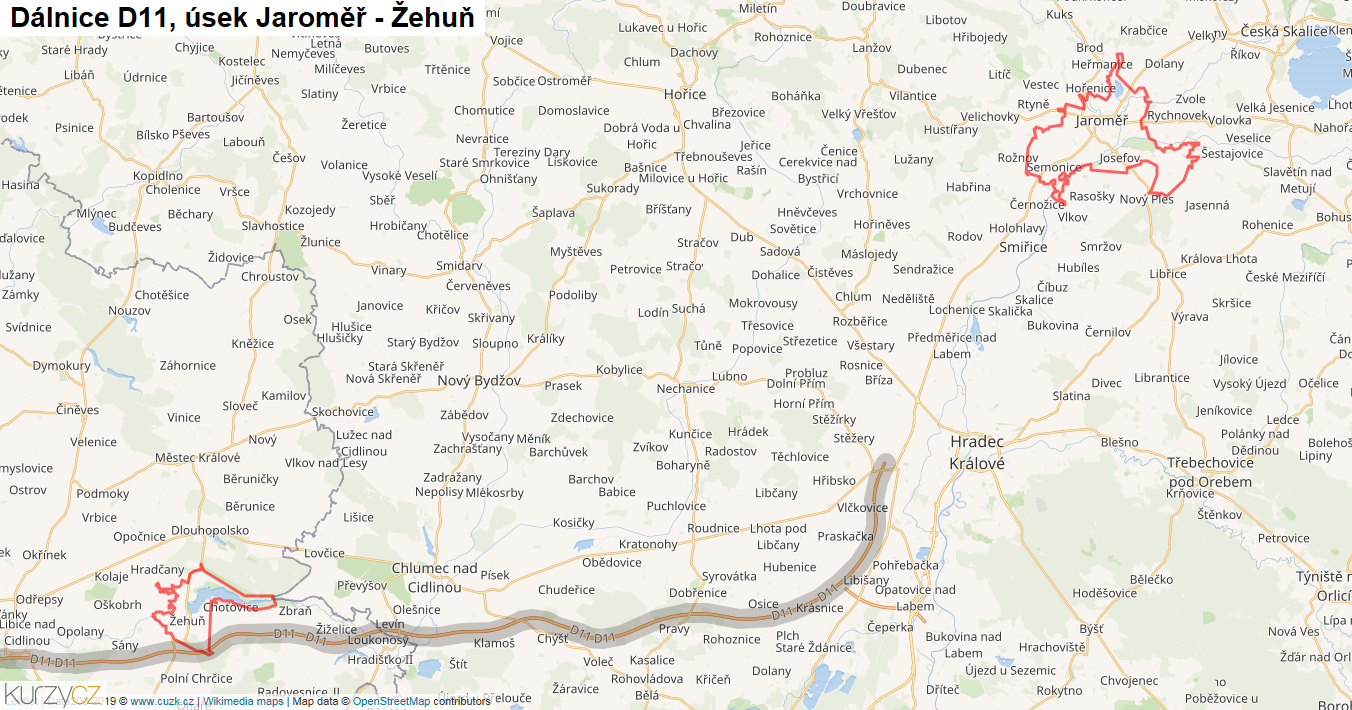 Úsek Jaroměř - Žehuň, Dálnice D11 - Mapa