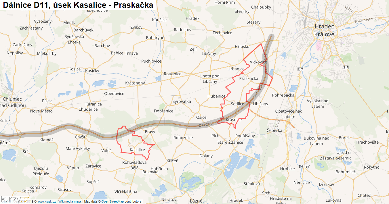 Úsek Kasalice - Praskačka, Dálnice D11 - Mapa