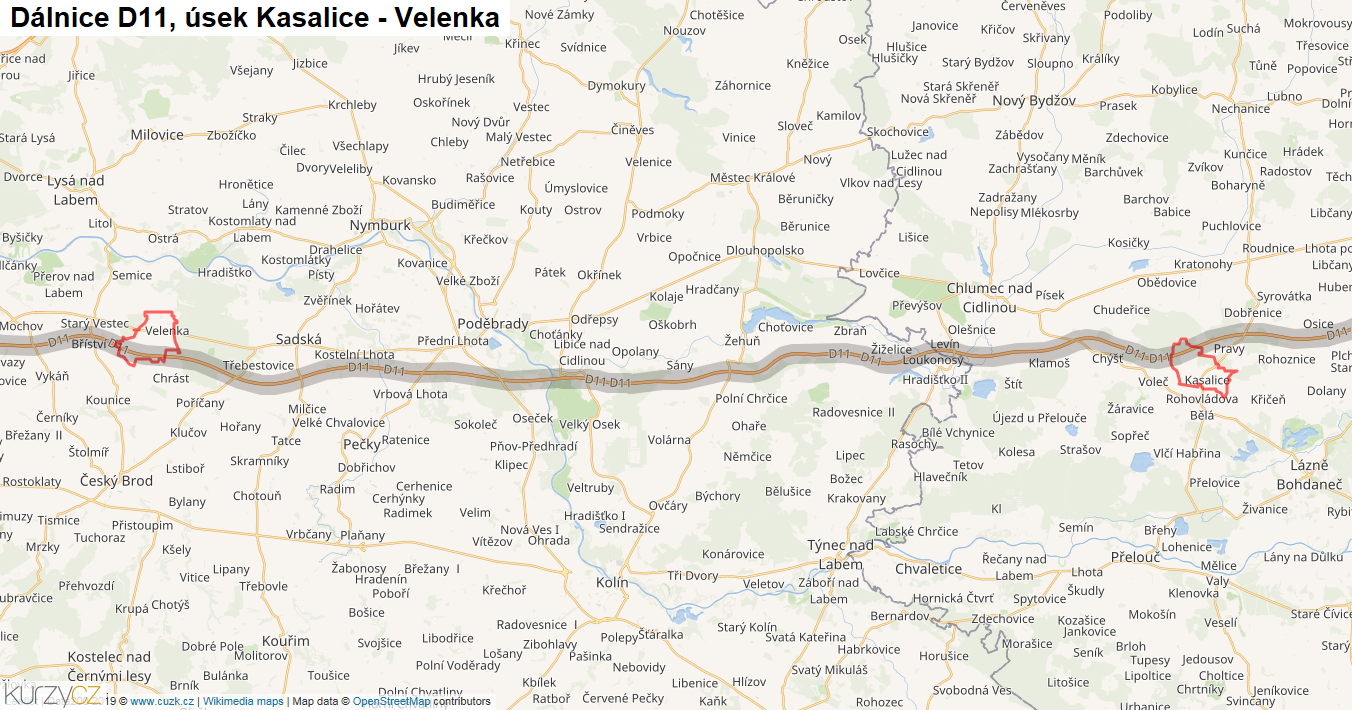 Úsek Kasalice - Velenka, Dálnice D11 - Mapa