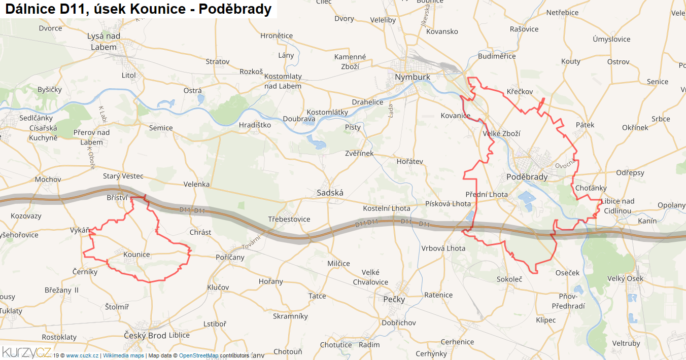 Úsek Kounice - Poděbrady, Dálnice D11 - Mapa
