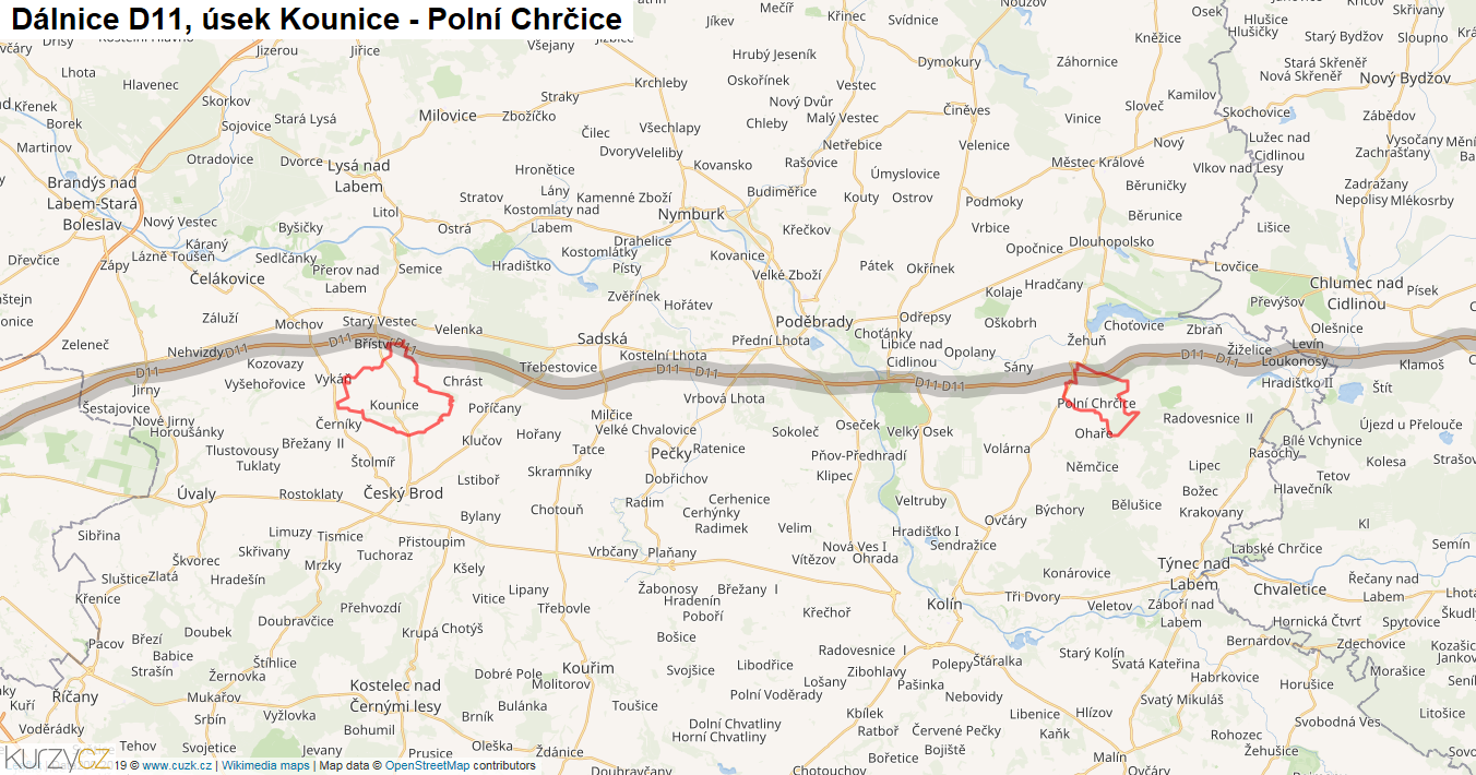 Úsek Kounice - Polní Chrčice, Dálnice D11 - Mapa