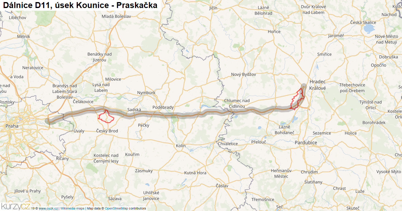 Úsek Kounice - Praskačka, Dálnice D11 - Mapa