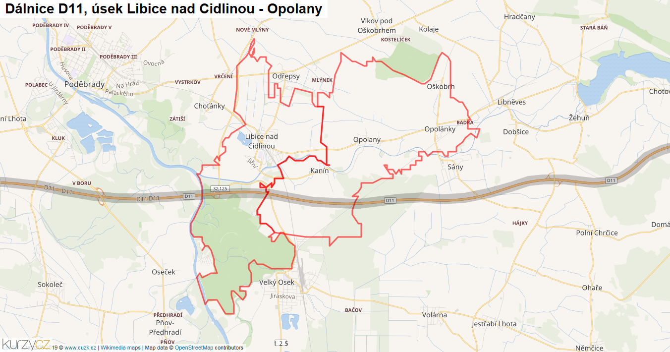 Úsek Libice nad Cidlinou - Opolany, Dálnice D11 - Mapa