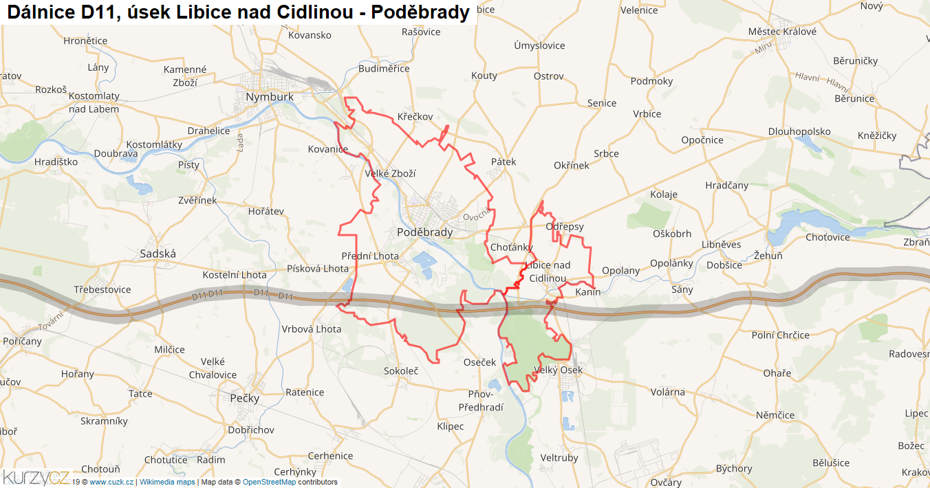 Úsek Libice nad Cidlinou - Poděbrady, Dálnice D11 - Mapa