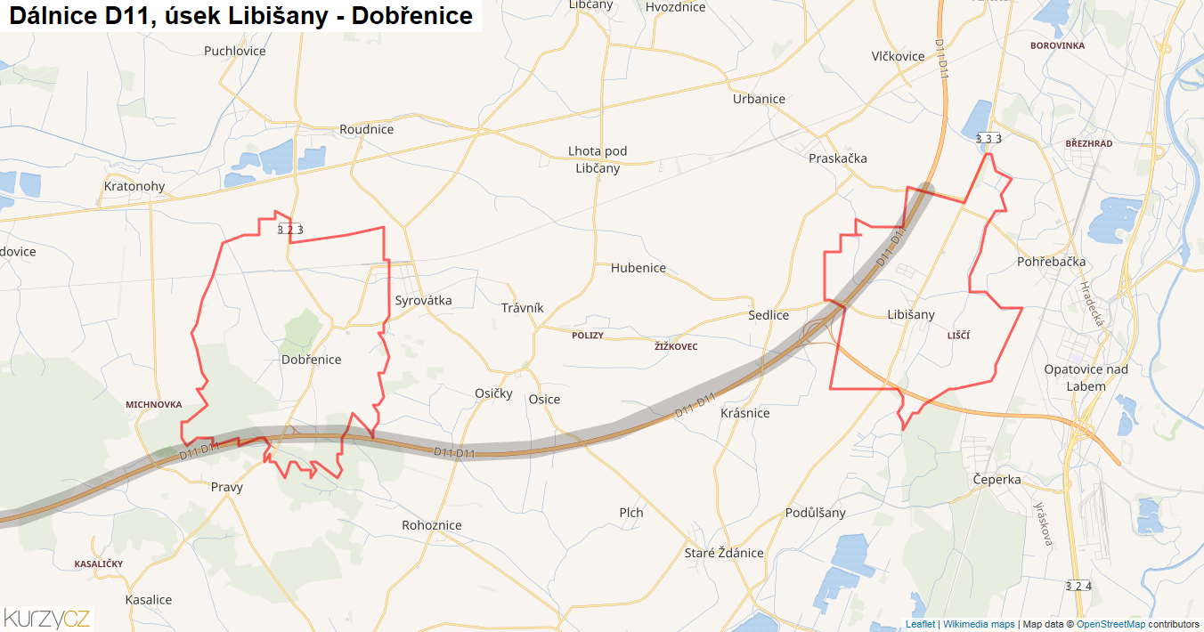 Úsek Libišany - Dobřenice, Dálnice D11 - Mapa