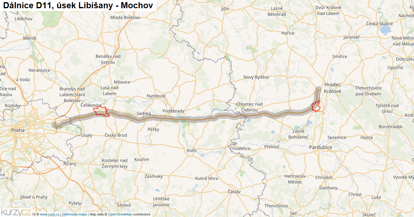 Úsek Libišany - Mochov, Dálnice D11 - Mapa
