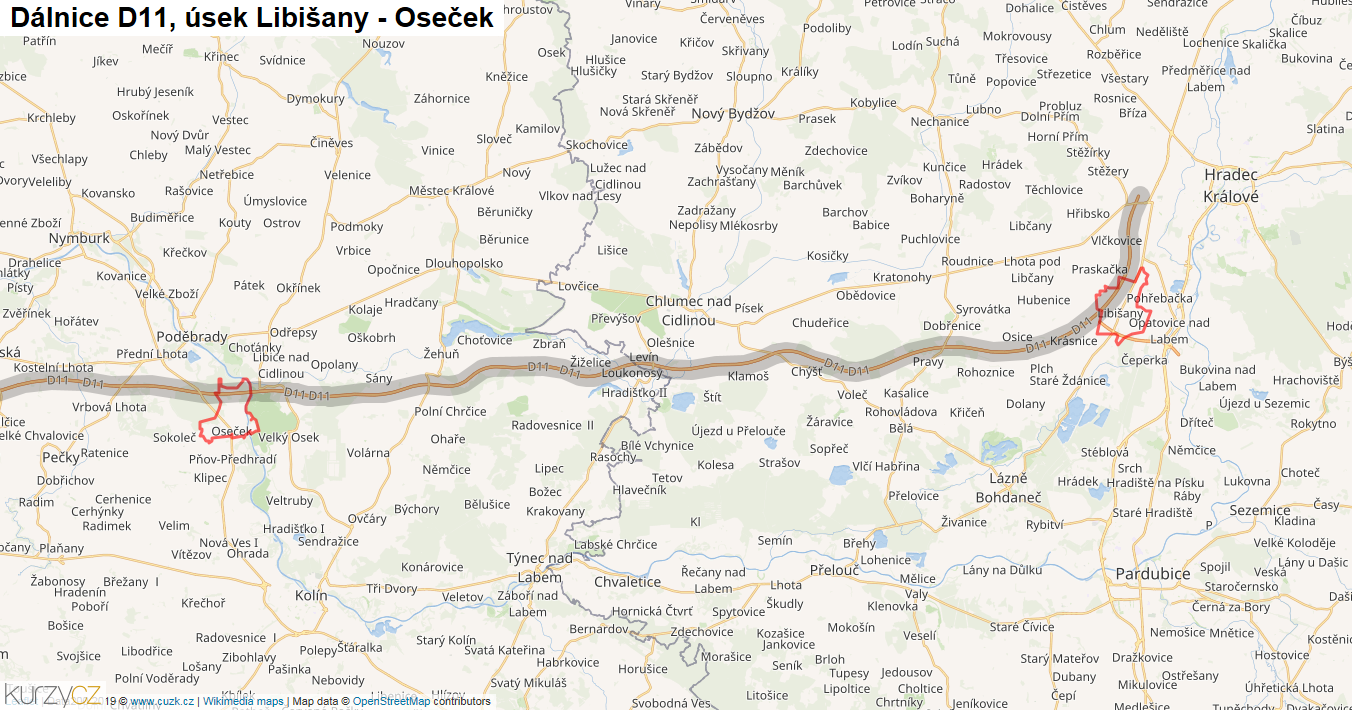 Úsek Libišany - Oseček, Dálnice D11 - Mapa