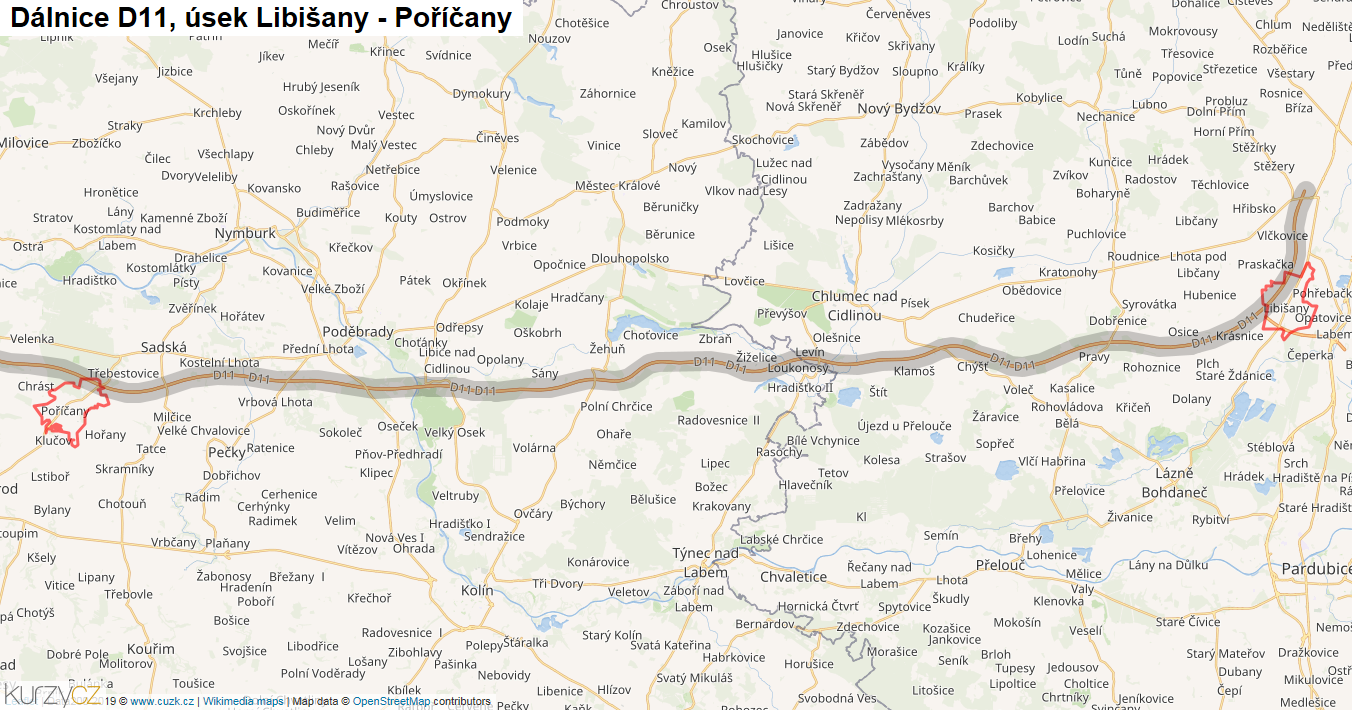 Úsek Libišany - Poříčany, Dálnice D11 - Mapa