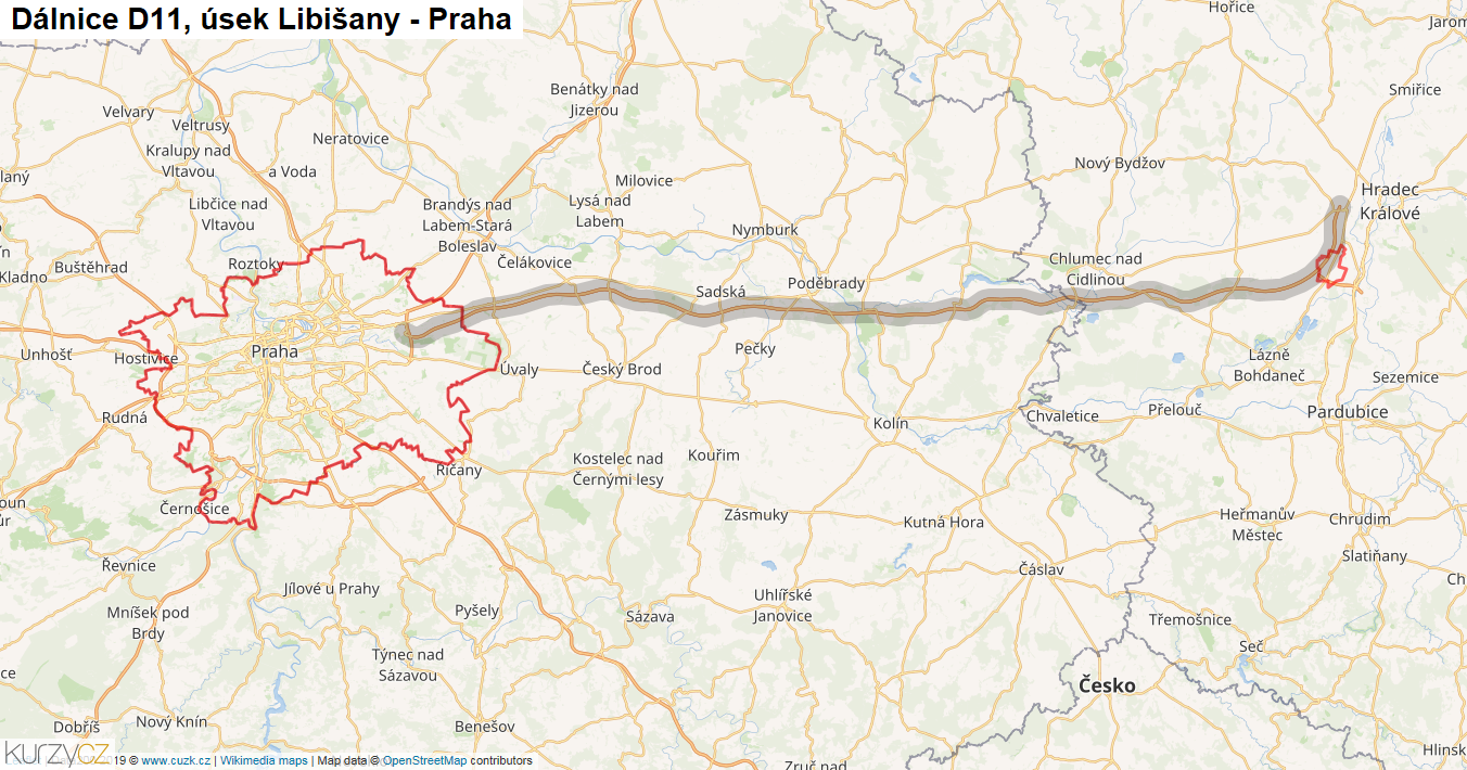 Úsek Libišany - Praha, Dálnice D11 - Mapa