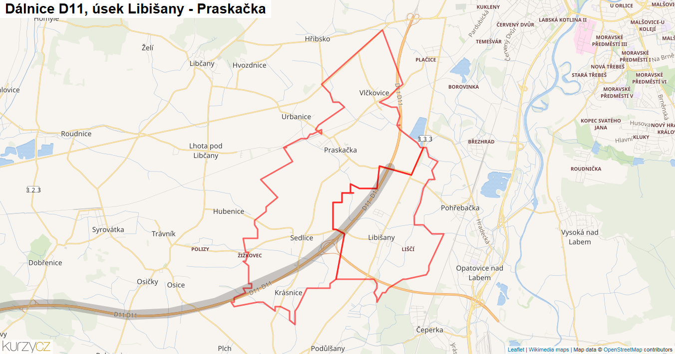 Úsek Libišany - Praskačka, Dálnice D11 - Mapa