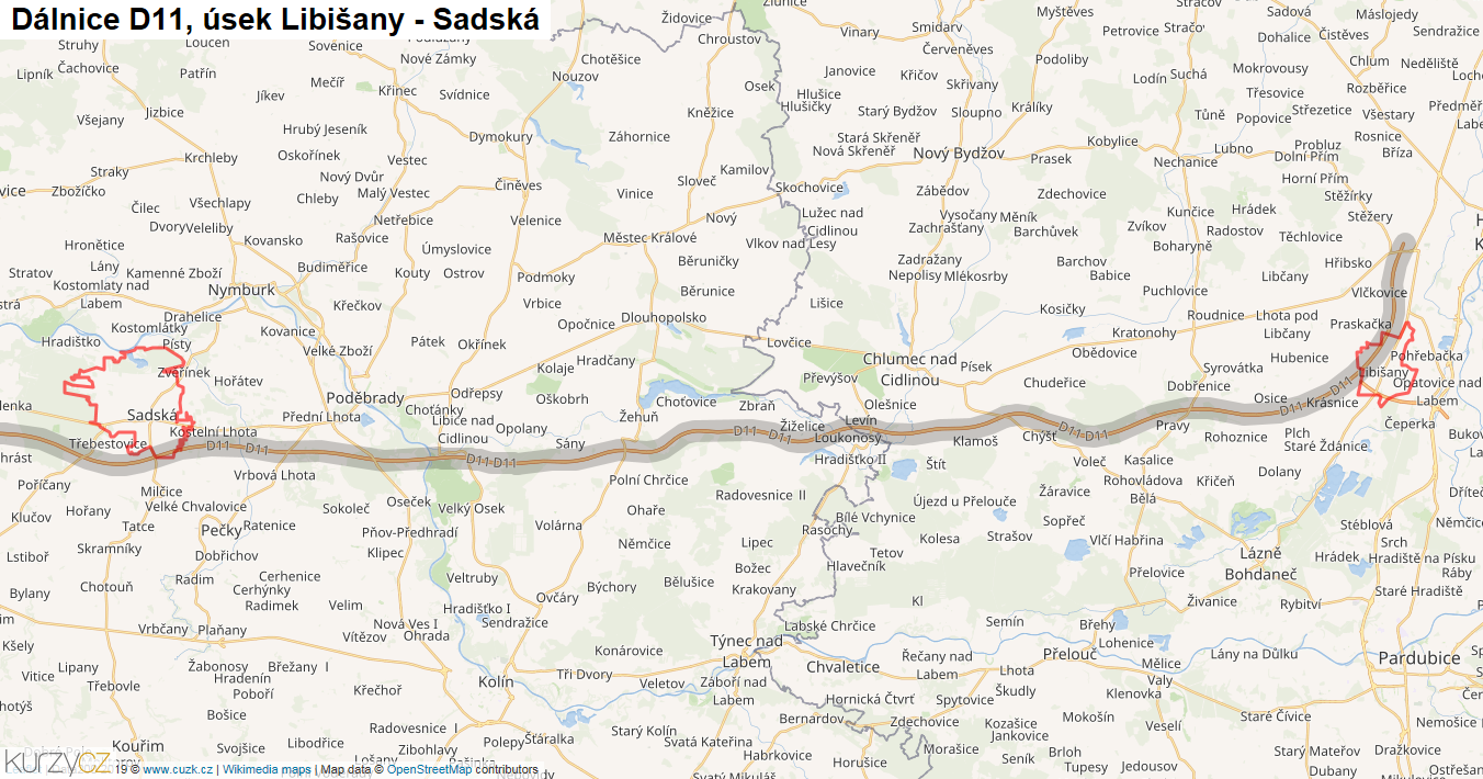 Úsek Libišany - Sadská, Dálnice D11 - Mapa