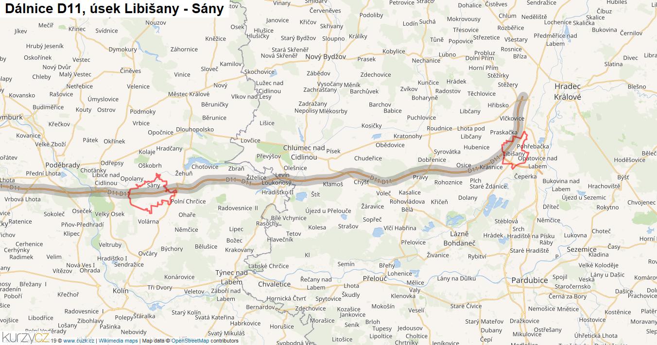 Úsek Libišany - Sány, Dálnice D11 - Mapa