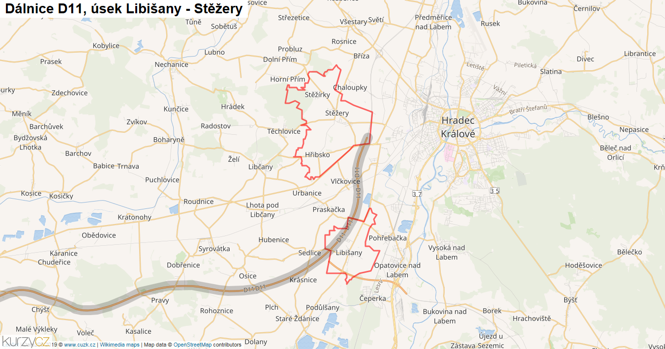 Úsek Libišany - Stěžery, Dálnice D11 - Mapa