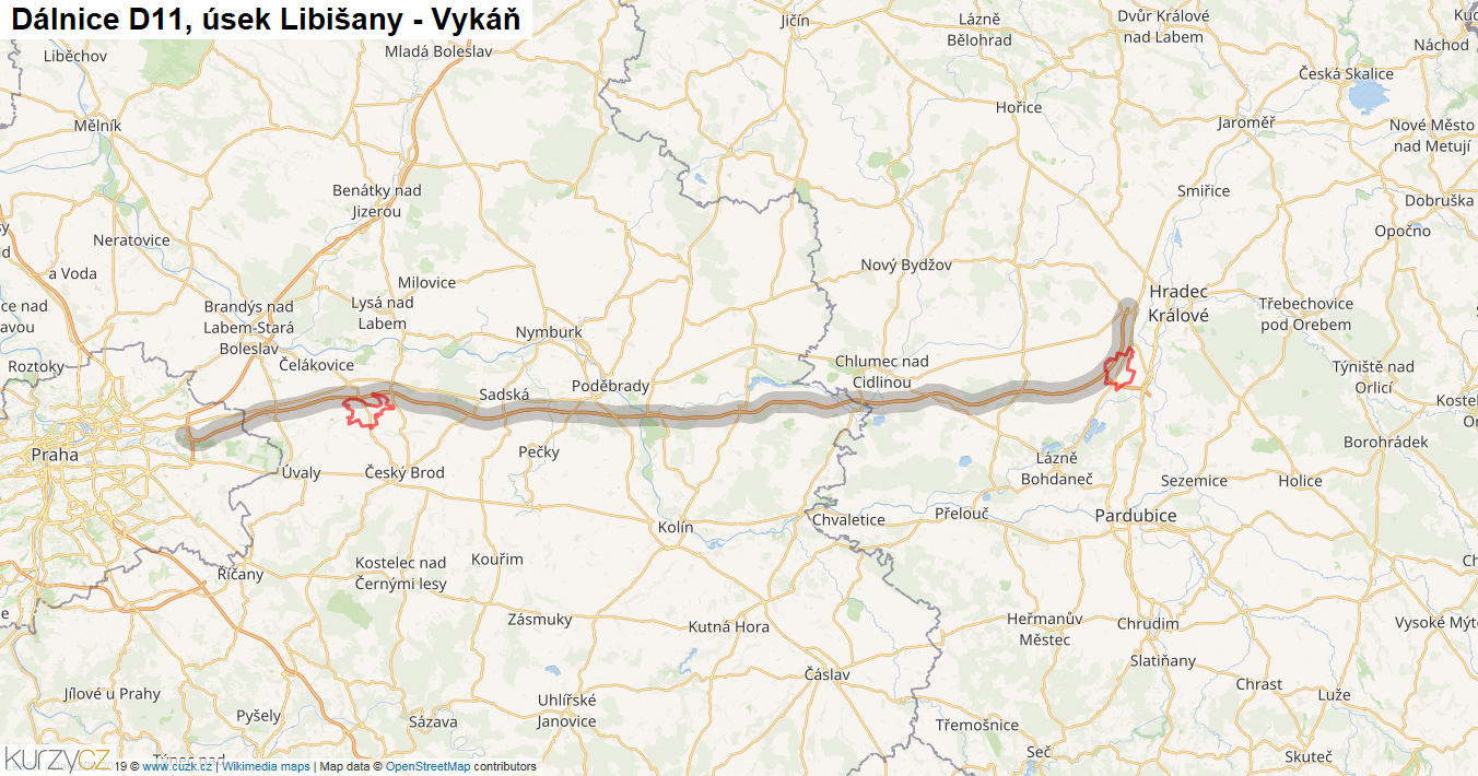 Úsek Libišany - Vykáň, Dálnice D11 - Mapa