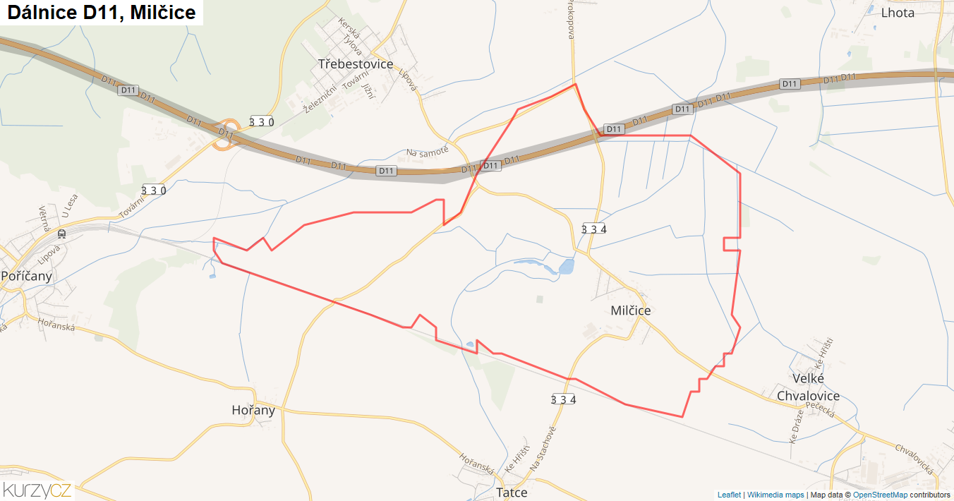 Milčice, Dálnice D11 - Mapa