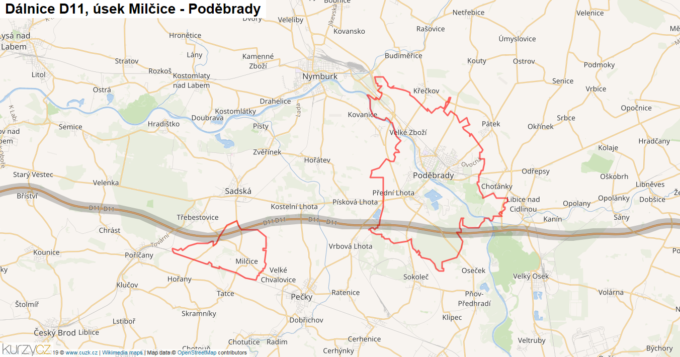 Úsek Milčice - Poděbrady, Dálnice D11 - Mapa