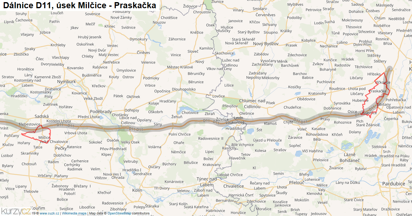 Úsek Milčice - Praskačka, Dálnice D11 - Mapa