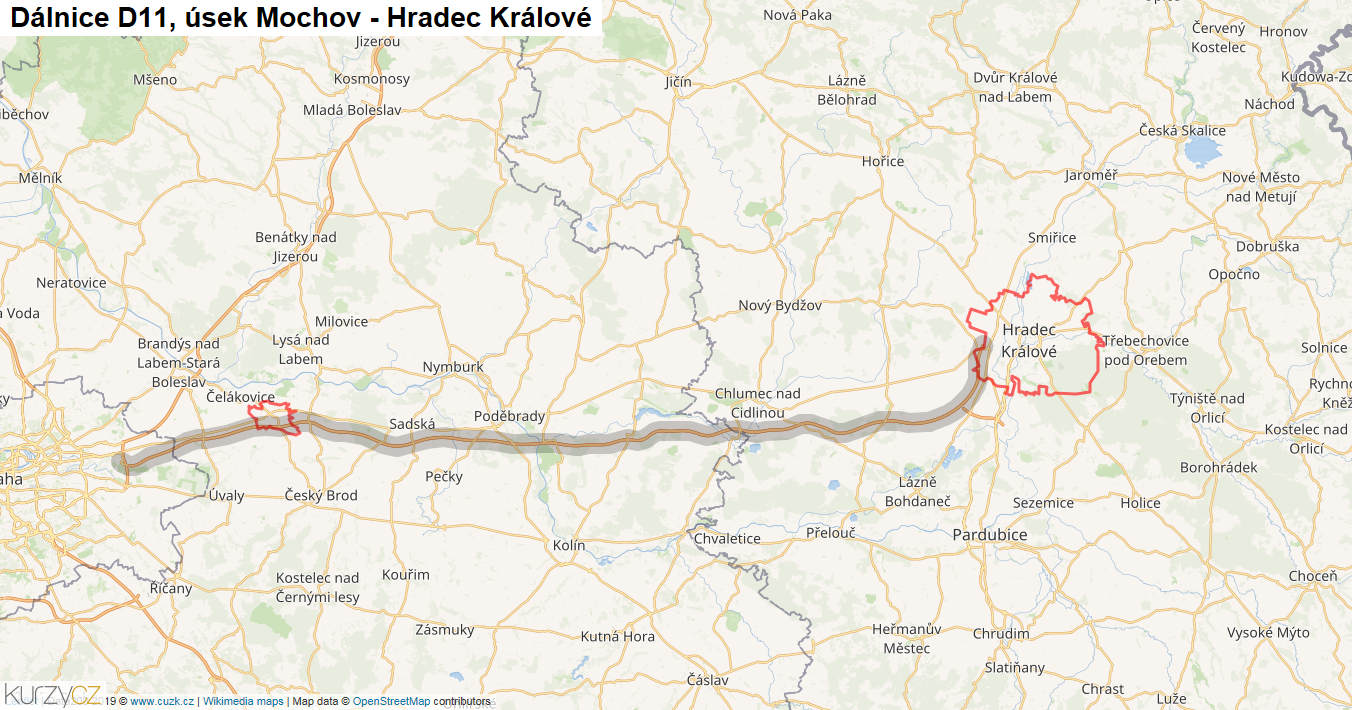 Úsek Mochov - Hradec Králové, Dálnice D11 - Mapa