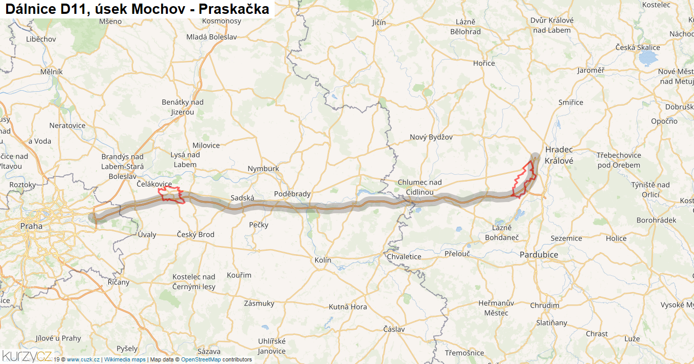 Úsek Mochov - Praskačka, Dálnice D11 - Mapa