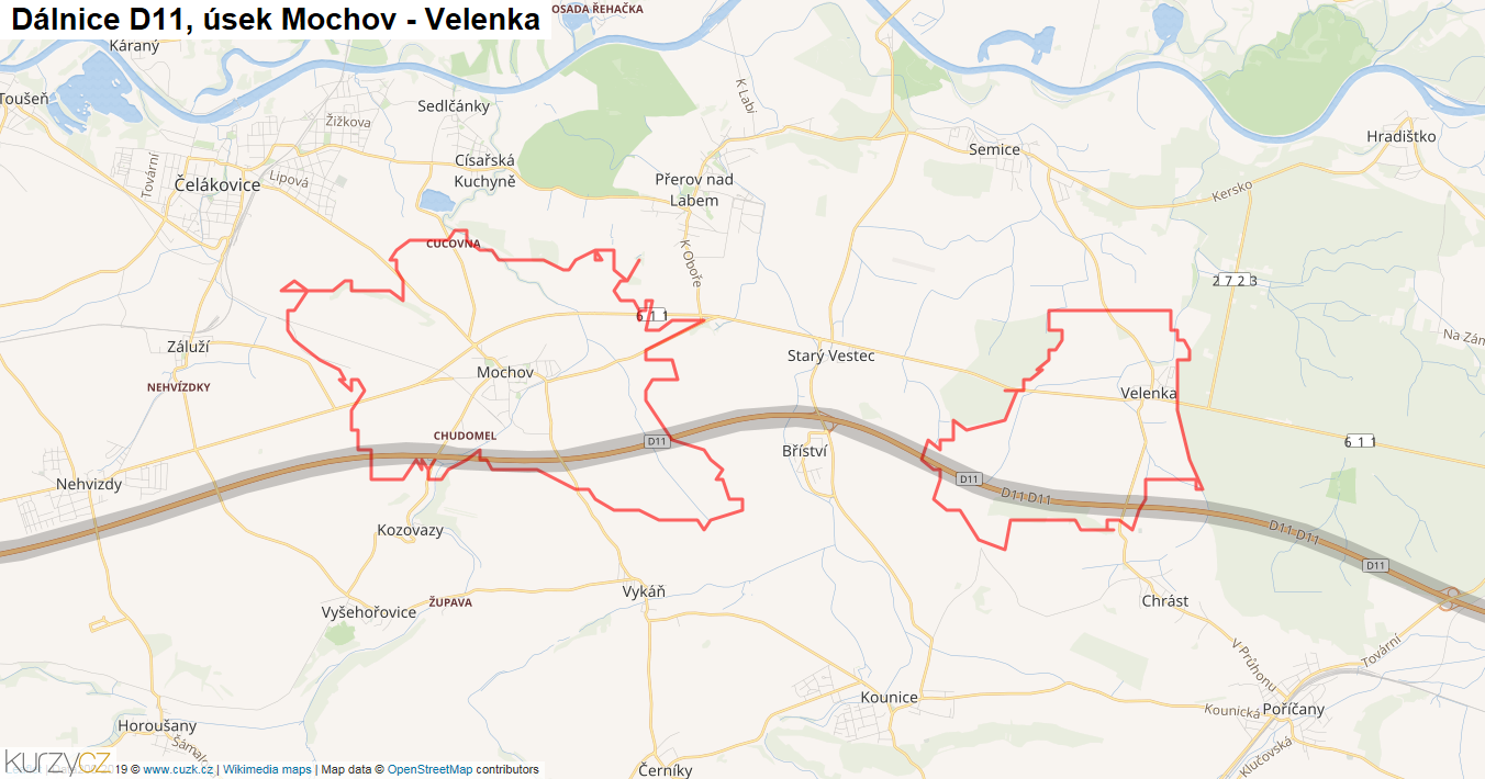 Úsek Mochov - Velenka, Dálnice D11 - Mapa