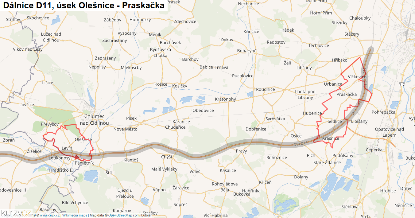 Úsek Olešnice - Praskačka, Dálnice D11 - Mapa