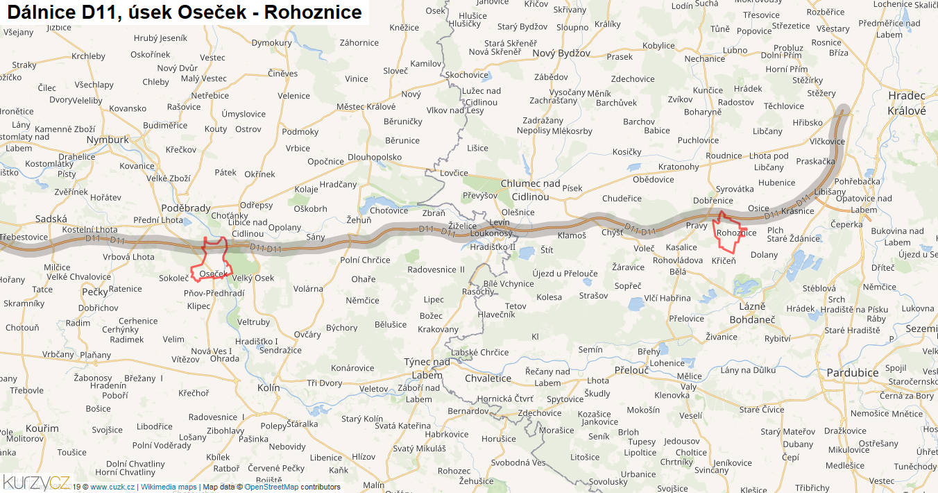Úsek Oseček - Rohoznice, Dálnice D11 - Mapa