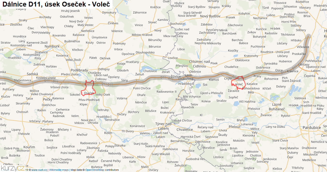 Úsek Oseček - Voleč, Dálnice D11 - Mapa