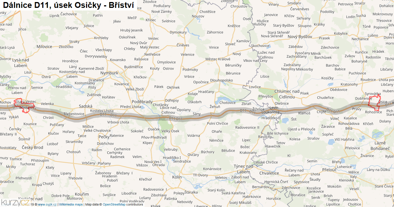 Úsek Osičky - Bříství, Dálnice D11 - Mapa