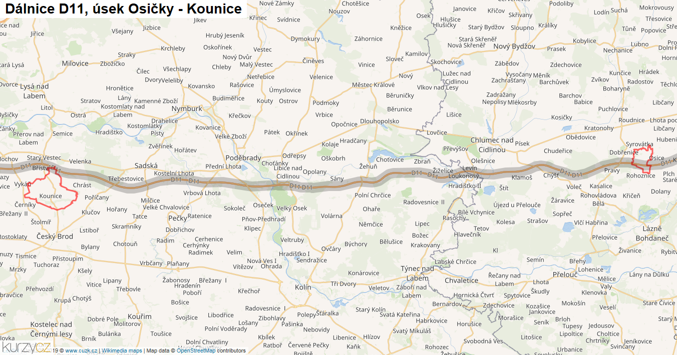 Úsek Osičky - Kounice, Dálnice D11 - Mapa